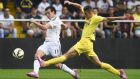 Villarreal’s Gabriel Paulista tries to block Real Madrid’s Gareth Bale. The 24-year-old Brazilian centre back will sign for Arsenal in the next 24 hours. Photograph:  Jose Jordan/AFP/Getty Images