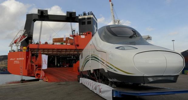 A unit of the new highspeed train built by Spanish manufacturer Talgo is loaded onto a freighter in Barcelona’s port bound for Jeddah City in Saudi Arabia. The Medina-Mecca rail link is plagued by delays, political tensions and technical headaches. Photograph: Josep Lago/AFP/Getty Images