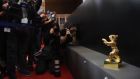 The Golden Bear for Best film trophy, awarded to Iranian dissident director Jafar Panahi in absentia for his film Taxi, is on display at the award winners press conference after the closing ceremony of the 65th International Film Festival Berlinale in Berlin. Photograph: AFP 
