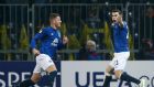 Seamus Coleman  celebrates with team mate Ross Barkley after scoring Everton’s  second  goal against BSC Young Boys. Thomas Hodel/Reuters