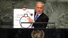 ‘We have been here before. At the UN General Assembly in September 2012, Binyamin Netanyahu held up a cartoon of a bomb with a red line drawn across it to illustrate his contention that Iran would be in a position to build its own nuclear weapons by, at the latest, the end of 2013. This turned out to be entirely untrue, as everybody who knew anything about the Middle East recognised from the outset.’ Photograph:  DON EMMERT/AFP/ GettyImages
