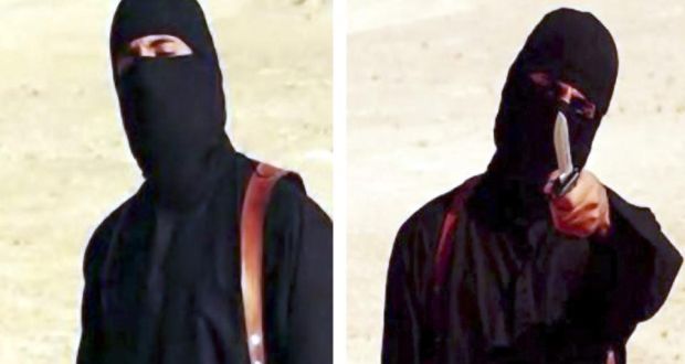  A composite image showing two still frames from video released by the Islamic State (IS) showing an unidentified IS militant who was pictured threatening US freelance journalist Steven Sotloff and British journalist David Cawthorne Haines before they were killed at an unknown desert location. Media reports suggest the masked militant known as ‘Jihadi John’ may have been identified as  Mohammed Emwazi, born in Kuwait and who lived for much of his life in London. Photograph: EPA  