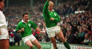 Ireland’s Simon Geoghegan scores a try against England at Twickenham in 1994 Photo: Billy Stickland/Inpho