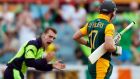 Ireland’s Andy McBrine  celebrates after he dismissed South Africa captain AB de Villiers  during the World Cup Pool B match at Manuka Oval in Canberra. Photograph: Jason Reed/Reuters