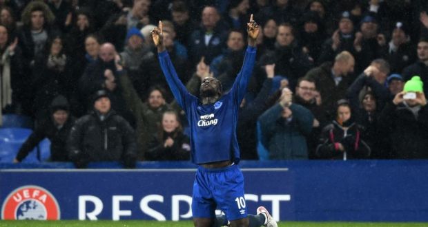Everton’s Romelu Lukaku  celebrates after scoring his team’s second goal from the penalty spot during the Uefa Europa League Round of 16, first leg game against FC Dynamo Kyiv at Goodison Park. Photograph:  Laurence Griffiths/Getty Images