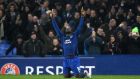 Everton’s Romelu Lukaku  celebrates after scoring his team’s second goal from the penalty spot during the Uefa Europa League Round of 16, first leg game against FC Dynamo Kyiv at Goodison Park. Photograph:  Laurence Griffiths/Getty Images