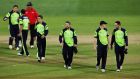 Ireland players leave the Adelaide Oval pitch after their seven wicket defeat to Pakistan.Photograph: Getty