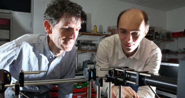 NUI Galway scientists Dr Nicholas Devaney (left) of the school of physics at NUIG, and Dr Alexander Goncharov, who are developing optics technologies for use in large space telescopes. photograph:  Aengus McMahon