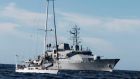  Irish Naval Service vessel the  LE Niamh  with detained  yacht the Makayabella on September 24th, 2014, off West Cork. File photograph: Defence Forces Ireland/PA Wire