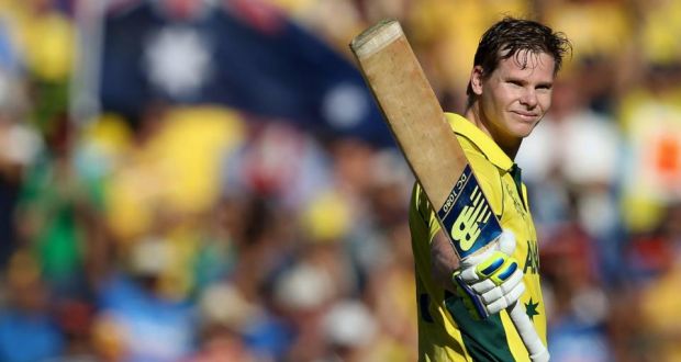 Australia’s batsman Steve Smith acknowledges the crowd after scoring his century during his Cricket World Cup semi-final match against India. Photograph: Reuters
