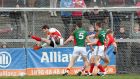 Mayo goalkeeper David Clarke is beaten by Brian Hurley’s late fisted goal as Cork claimed victory in the Allianz Football League Division One game at  Páirc Uí Rinn. Photograph: James Crombie/Inpho