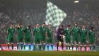 The Ireland players line up before kick-off in the 1-1 draw with Poland at the Aviva Stadium on Sunday night. Photograph: Donall Farmer/Inpho