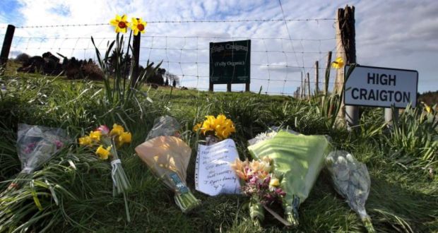 Floral tributes at High Craigton Farm to Karen Buckley. Photograph: Andrew Milligan/PA 