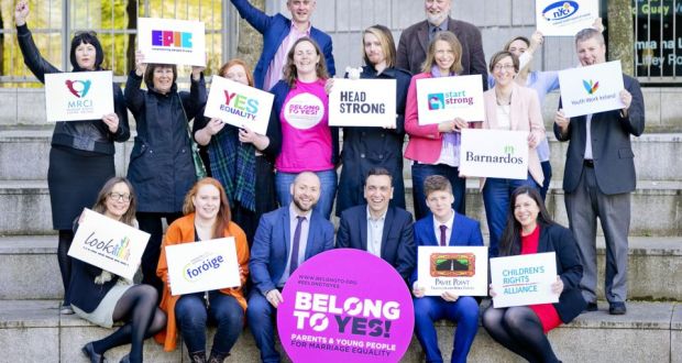 Representatives from the  BeLonG To YES coalition at a meeting on the importance for young people of a ‘Yes’ vote in the same-sex marriage referendum. Organisations involved in the coalition include the ISPCC, Barnardos, Foróige and BeLonG To. Photograph: Marc O’Sullivan
