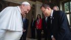 Pope Francis and United Nations secretary general Ban Ki-moon at the Vatican on Tuesday. Photograph: EPA