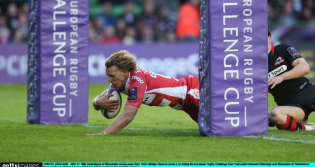 Gloucester captain  Billy Twelvetrees dives to scre a try  against Edinburgh during their European  Challenge Cup final at Twickenham Stoop. Photograph: Getty Images  