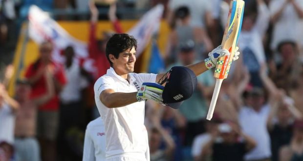 Alistair Cook made his first century since 2013 as the West Indies enjoyed the better of day one of the third test in Barbados. Photograph: Afp