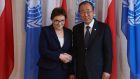 Poland’s prime minister Ewa Kopacz meets UN secretary general Ban Ki-moon in Gdansk in advance of commemorations marking the 70th anniversary of the end of the second World War in Europe. Photograph: Adam Warzawa/EPA