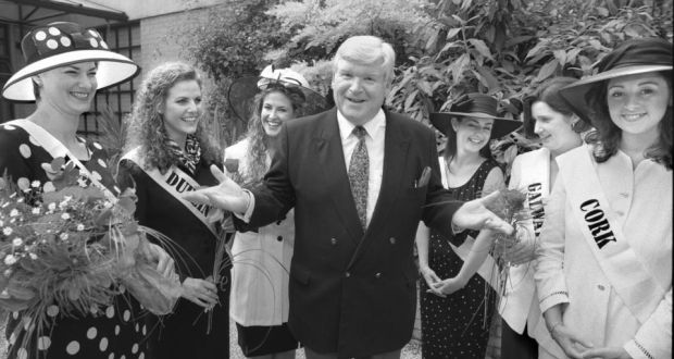 The RTE presenter Derek Davis with Irish Rose contestants at a reception to announce details of the 38th Rose of Tralee International Festival in 1996. Photograph: Matt Kavanagh 