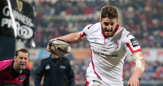 Ulster’s Stuart McCloskey scores a try against Benetton Treviso during the Pro12 game at Kingspan Stadium in February. Photograph: Darren kidd/Inpho.