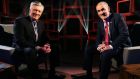 The men in the square box: Pat Kenny and Mickey Harte in the Mansion House set for ‘Pat Kenny in the Round’