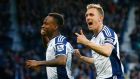 Saido Berahino and Darren Fletcher celebrate West Brom’s opener in their 3-0 win over Chelsea at The Hawthorns. Photograph: Reuters
