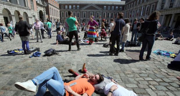 People await  the announcement of the result in the same-sex marriage referendum in Dublin Castle on May 23rd, 2015. Photograph: Paul Faith/AFP/Getty Images