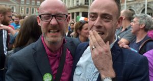 Overwhelmed at the sheer monumental significance of the Yes result in the Same-sex Marriage Referendum, at Dublin Castle, Ireland, May 23rd, 2015.   Photograph: Charles McQuillan/Getty Images