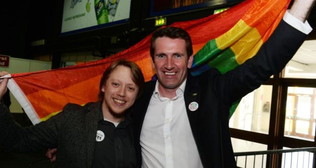 Luke Field from Cork and Minister of State for Equality Aodhán Ó Ríordáin at the count centre in Dublin for the same-sex marriage referendum. Photograph: Cyril Byrne.
