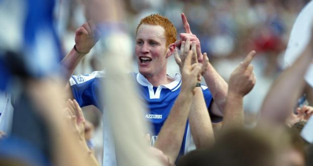 Laois’s Pauric Clancy celebrates their Leinster final  victory over Kildare in 2003. Photograph: Patrick Bolger/Inpho