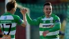 Shamrock Rovers striker Mikey Drennan celebrates with Simon Madden after scoring the first goal of the game  against Derry City at Tallaght Stadium. Photo: Donall Farmer/Inpho