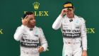 Lewis Hamilton and Nico Rosberg  on the podium after the Austrian grand prix in Spielberg. Photograph: Joe Klamar/AFP/Getty Images