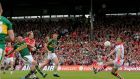 Kieran Donaghy scores Kerry’s first goal in their drawn Munster Senior Football Championship Final clash with Cork last Sunday. Photograph: Ryan Byrne/Inpho