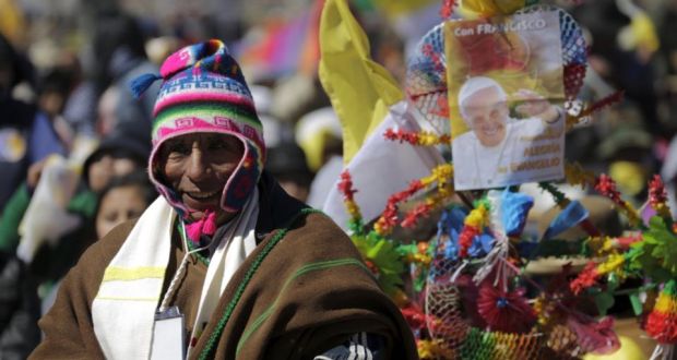 During his visit to Ecuador, and now Bolivia, Pope Francis has made broad calls for Latin American unity, on Thursday mentioning “Patria Grande,” the historic ambition to make the continent a unified world force. Photograph: Daniel Rodrigo/Reuters 