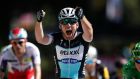 Etixx-Quick Step rider Mark Cavendish  celebrates as he crosses the finish line to win the seventh stage of the  Tour de France  race from Livarot to Fougeres. Photograph: Benoit Tessier/Reuters