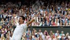 Novak Djokovic of Serbia celebrates beating Switzerland’s Roger Federer in the men’s singles final at Wimbledon. Photograph: EPA.