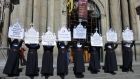 Pro-choice ...  members of the Bolivian feminist group ‘Mujeres Creando’ (‘Women Creating’) dressed as nuns protest  outside the Cathedral of La Paz ahead of the recent visit of Pope Francis. Photograph:   EPA/ABI Handout 