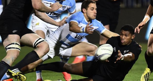 Waisake Naholo is tackled by Argentina’s Tomas Cubelli during New Zealand’s 39-18 victory Christchurch. Photograph: Marty Melville/AFP/Getty Images