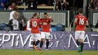 Manchester United’s Memphis Depay is greeted by teammates Wayne Rooney, and Michael Carrick after scoring a goal in the first half of an International Champions Cup soccer match against the San Jose Earthquakes. Photograph: Eric Risberg/AP