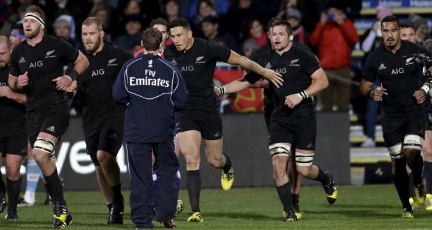 All Blacks celebrates a try against Argentina during their Rugby Championship match at AMI Stadium in Christchurch. Photograph: Anthony Phelps/Reuters