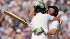 England’s Ian Bell and Joe Root celebrate after winning the third Test match. Photograph: Philip Brown/Reuters
