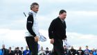 Paul Lawrie of Scotland with fellow Scit Chris Doak (left) on the 18th green after Lawrie lost to Doak on the final hole on the second day of the Paul Lawrie Matchplay at Murcar Links Golf Club in Aberdeen, Scotland. Photograph by Mark Runnacles/Getty Images.