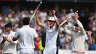 Stuart Broad and Joe Root celebrate after England’s innings win at Trent Bridge gave them an insurmountable 3-1 lead. Photograph: Getty