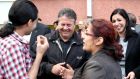 Germany’s deputy chancellor Sigmar Gabriel shares a light moment with residents of a refugee centre in Wolgast, Germany:  Germany accepted 202,815 asylum seekers in 2014, the most of any EU country. Photograph: Bernd Wuestneck/EPA