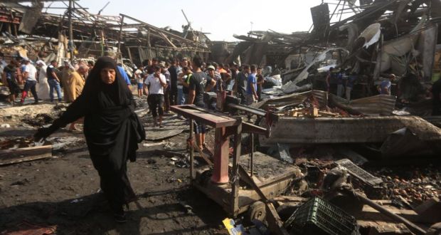 The aftermath of a truck bomb explosion,  claimed by Islamic State, in  Baghdad’s northern Shiite district of Sadr City on August 13th, 2015. Photograph: AHMAD AL-RUBAYE/AFP/Getty Images