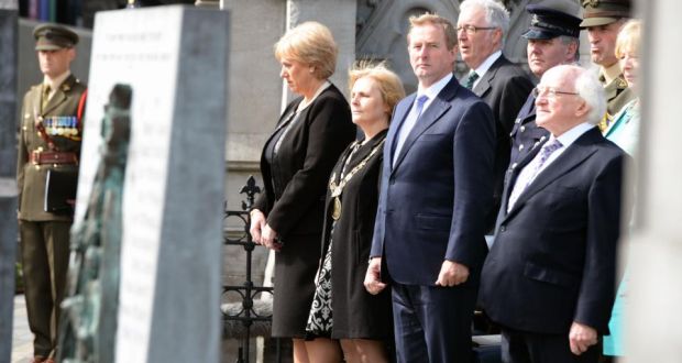 From left, Minister for Arts, Heritage, and the Gaeltacht Heather Humphreys, Lord Mayor of Dublin Críona Ní Dhalaigh, Taoiseach Enda Kenny and President Michael D Higgins, at the Centenary Commemoration of the funeral of O’Donovan Rossa, at Glasnevin Cemetery. Photograph: Eric Luke / The Irish Times