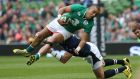 Ireland fullback Simon Zebo is tackled during the World Cup warm-up game against Scotland at the Aviva Stadium. Photograph:   Billy Stickland/Inpho