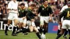 Jannie de Beer drops his fourth of five goals against England in the 1999 Rugby World Cup quarter-finals. Photograph: Getty