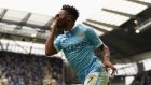 Raheem Sterling opened his Manchester City account in a 2-0 win over Watford. Photograph: Getty