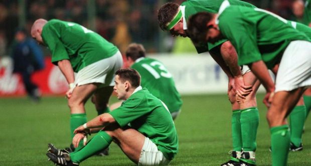 Ireland are dejected after their 28-24 defeat to Argentina in the 1999 Rugby World Cup quarter-final play-off. Photograph: Inpho